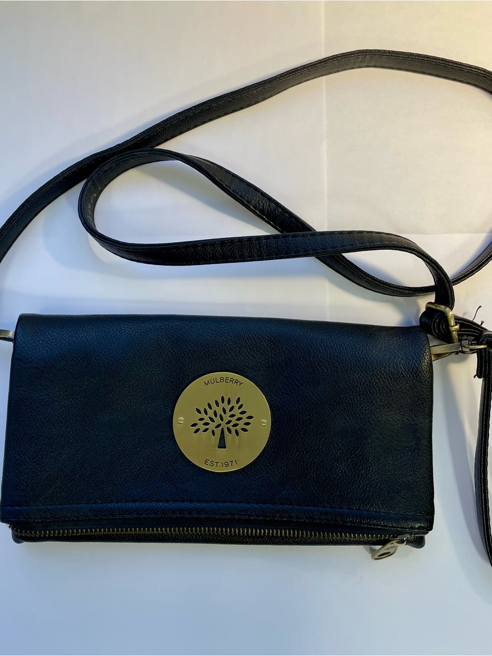 Mulberry Black Leather Crossbody with Gold Tree Medallion